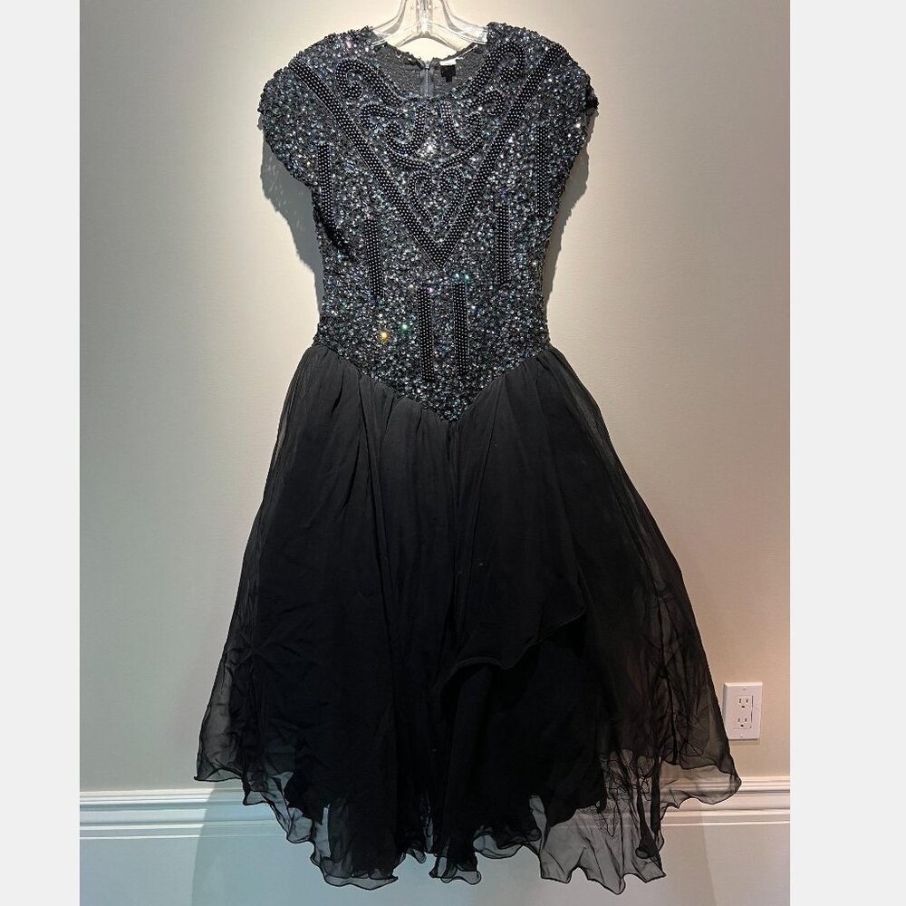 Vintage Black Sequins Beaded Silk, Rayon Dress, Size 8, Used-Excellent Condition
